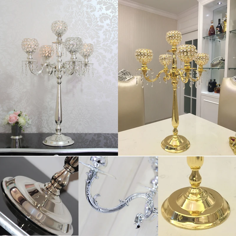 

75 Cm Height 5-arms Metal Silver Gold Candelabras With Crystal Pendants Wedding Candle Holder Event Centerpiece Free Shipping