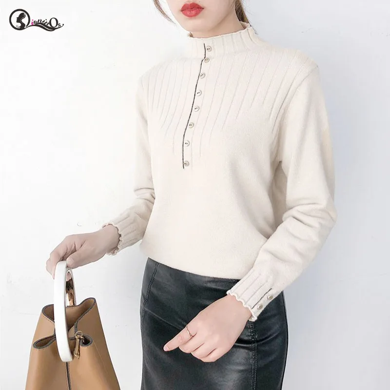 Solid Color Casual Loose Sweater Women Pullovers Simple Turtleneck Warm Long Sleeve Cute Knit Tops Button | Женская одежда