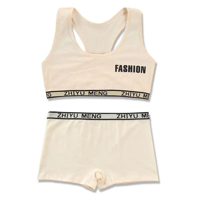 Teenager Sport Cotton Underwear Set Young Girls Racerback Letters Bra Boyshort X3UE