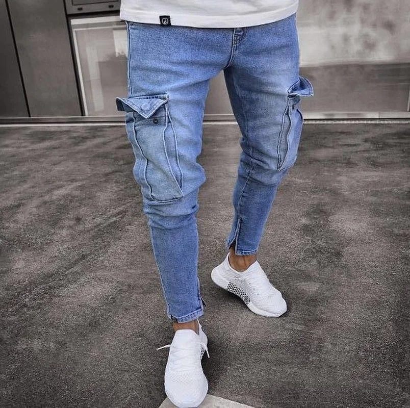 ICCLEK European and American Hot Sale Men's Trousers Jeans Stretch Men's Jeans Ripped Zipper Feet Pants Skinny Jeans Men