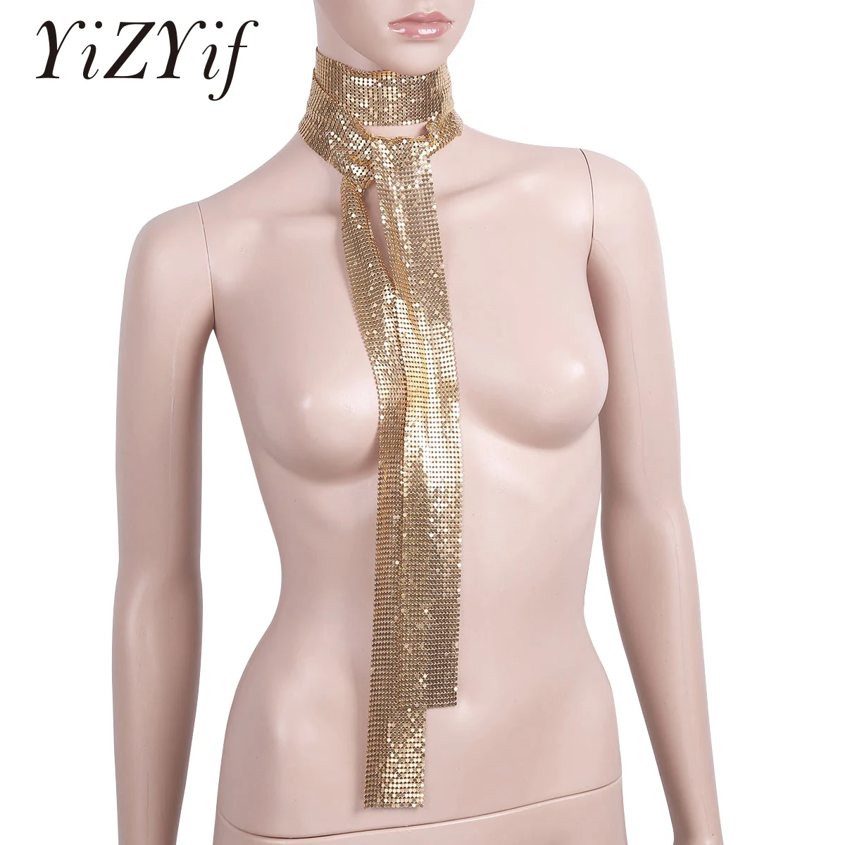 

Punk Aluminium Alloy Sequins Long Scarf Tie Choker Necklace Statement Gradient Neckband Necklaces for Women Fashion Jewelry