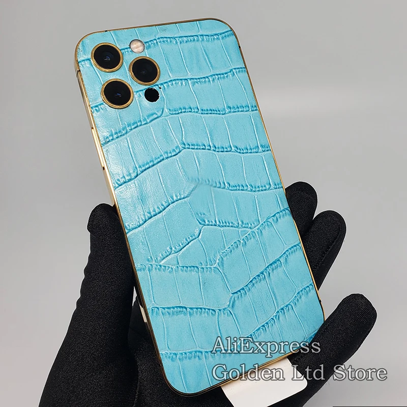 24K Gold Crocodile skin housing For Phone 12Pro Max Sky blue lake blue leather Limited edition 11 13Pro Middle Frame with logo