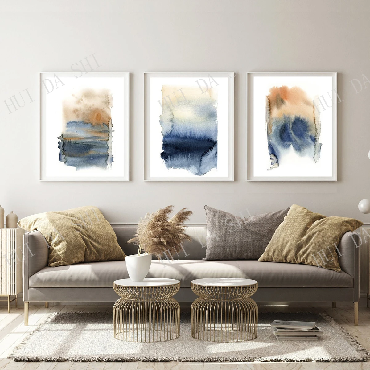 

Abstract Paintings n Blue and Terracotta Wall Prints Set, 3 Watercolor Prints, Abstract Painting Art, Landscape Set of 3 Prints