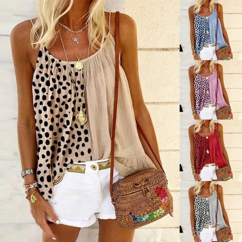 

Women Camisole Summer Vogue Leisure Vacation Seaside Style U-neck Leopard Print Stitching Folds Ruffled Loose Vest