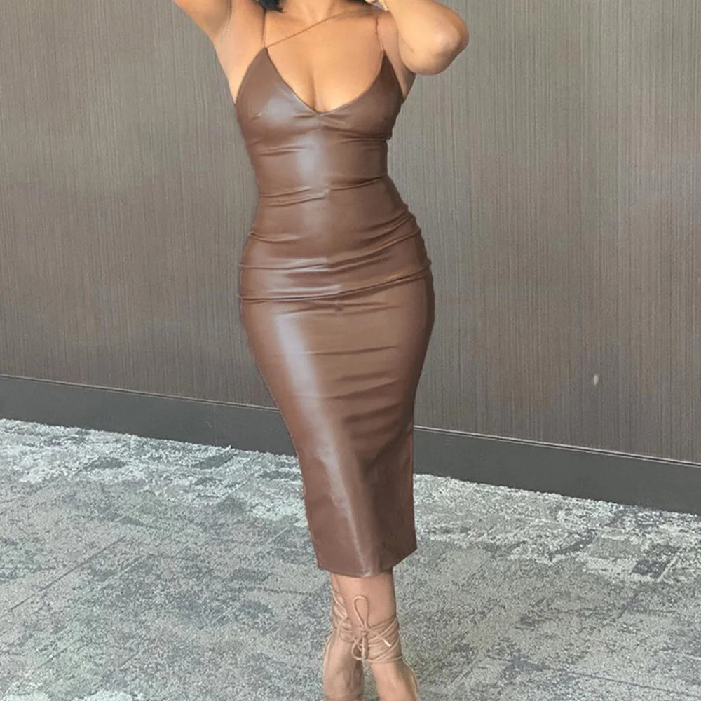 

TIESOME 2021 Sleeveless Solid Leather Dress Women Long Midi Bodycon Backless Dresses Sexy Beach Party Evening Prom Streetwear