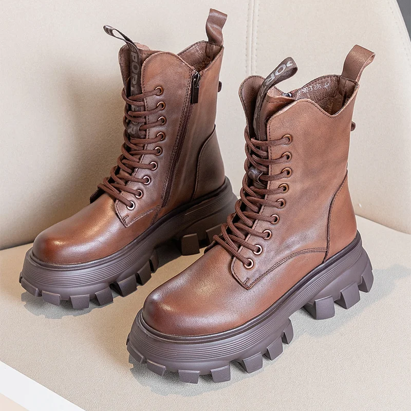 

Женские короткие ботинки 2022, зимние модные ботинки на толстой подошве со шнуровкой, женские повседневные осенние кожаные женские ботильоны...