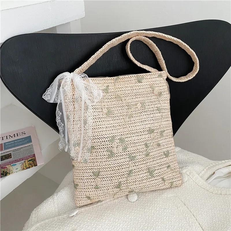 

Летняя соломенная плетеная маленькая сумка, модный тоут на одно плечо для девушек, украшение из кружева с вышивкой и цветами