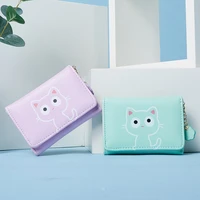cartoon cat women wallets short tri fold buckle coin purses female pu leather solid color chain card holder mini money clip