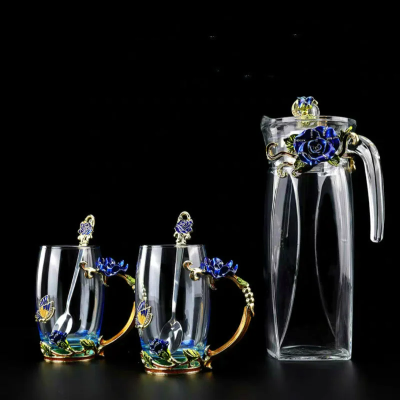 Стеклянный чайник для горячих и холодных напитков с эмалью красная роза 1300