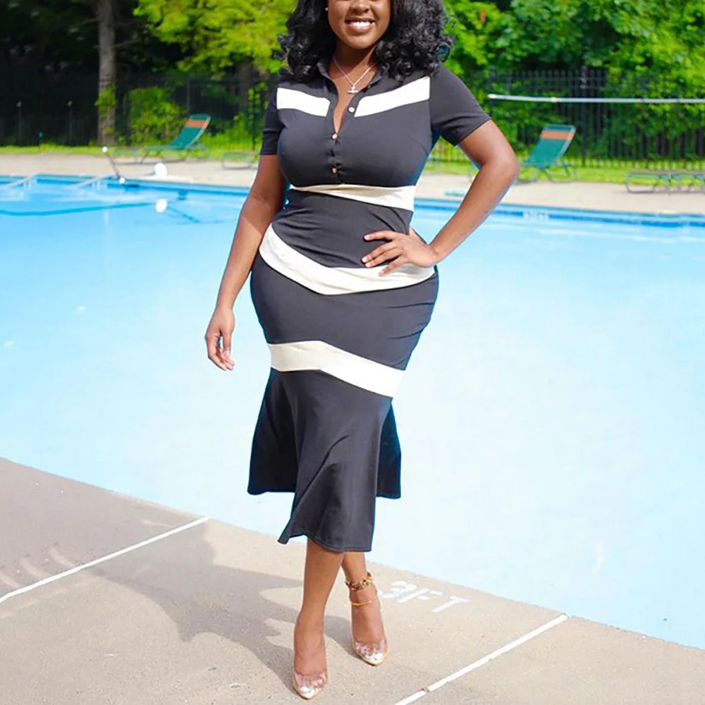 

African Office Dress For Women Elegant Black Patchwork Ruffles High Waist Bodycon Mid Calf Work Business Midi Dresses 2021 New