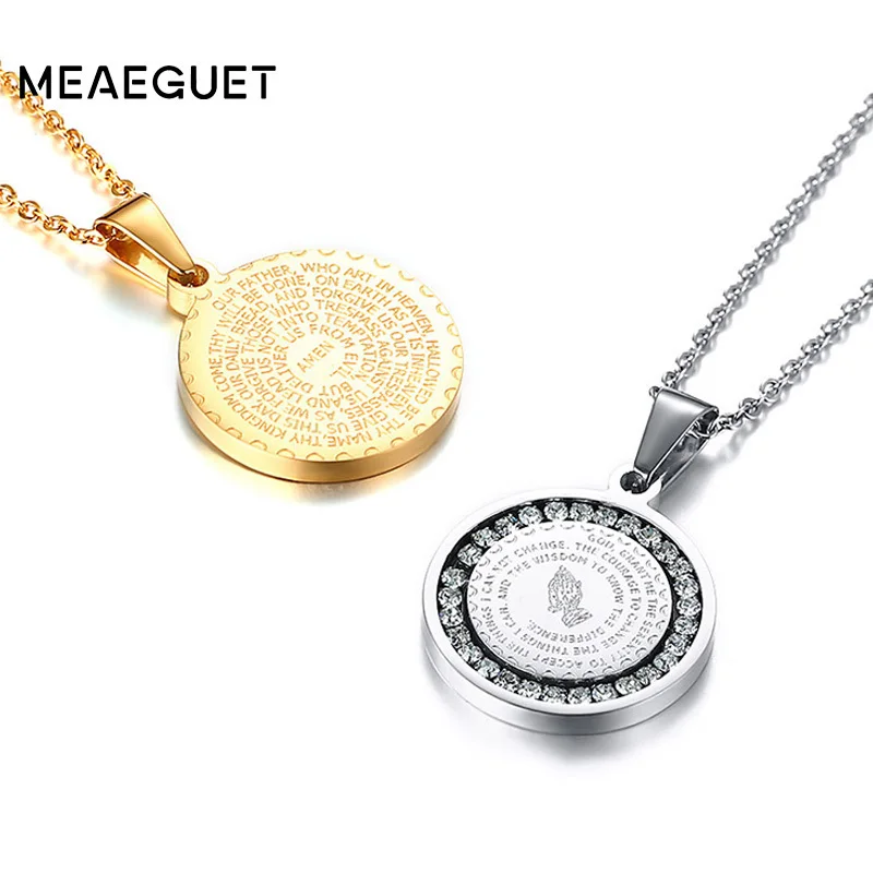 

Hand Coin Medal Pendant Bible Verse Prayer Men Women Necklace Stainless Steel Gold Silver Color Couple Jewelry