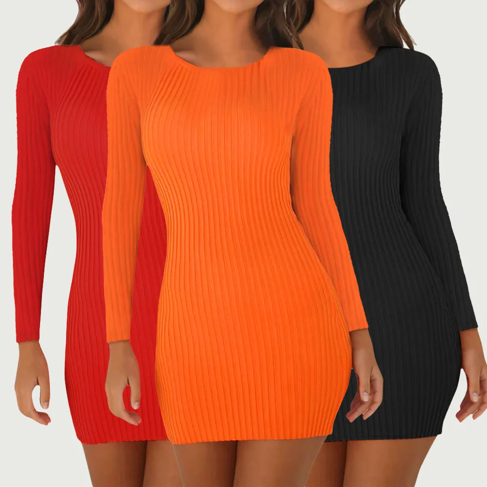 

Sexy Wrap Hip Mini Thin Knitted Bodycon Dresses Orange Black Red Party Bandage Dresses High Waist O Neck Tight Vestidos Women
