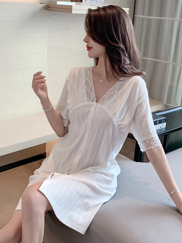 Pajamas Nightdress Women's Summer Short-Sleeved Cotton Thin New Cardigan Cute Princess Style Home Wear sleeping dress