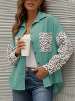 women blouses office lady lapel collar leopard print pockets irregular shirts autumn long sleeve top casual loose shirt blusas
