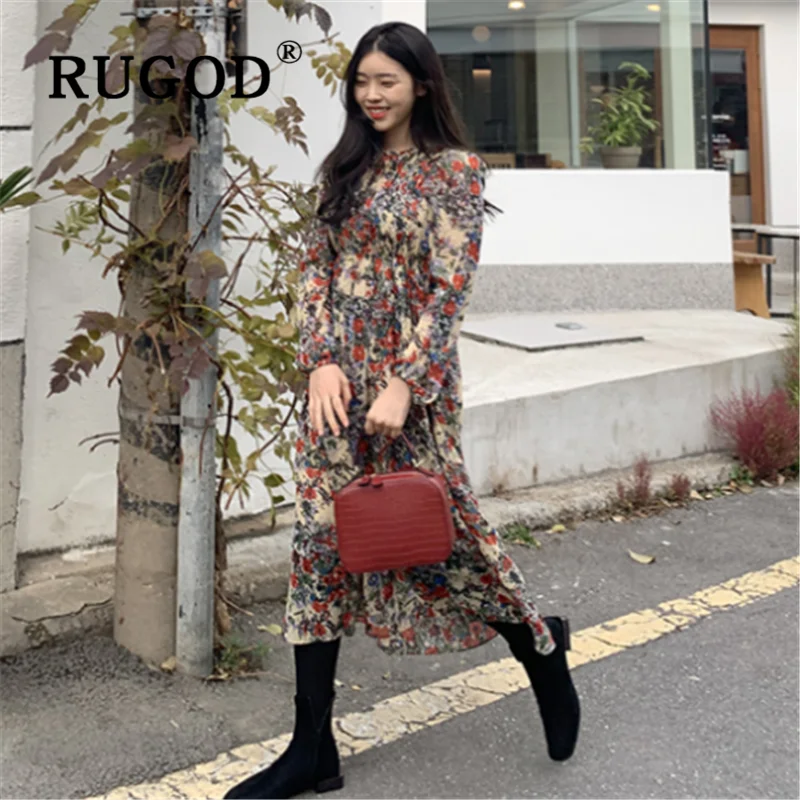 Женское платье с длинными рукавами RUGOD2020 весеннее цветочным принтом и цветными