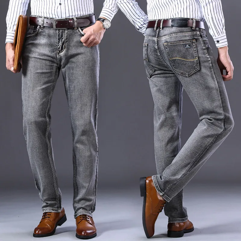 

2021 Stretch Jeans Regular Business Dcontract Style Classique Mode Denim Pantalon Homme Noir Bleu Gris Pantalon