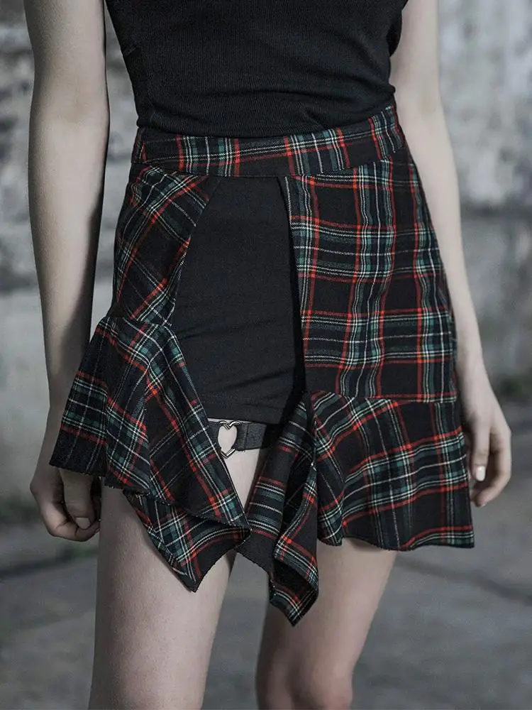 Женская Асимметричная клетчатая трапециевидная юбка в стиле панк с рыбим