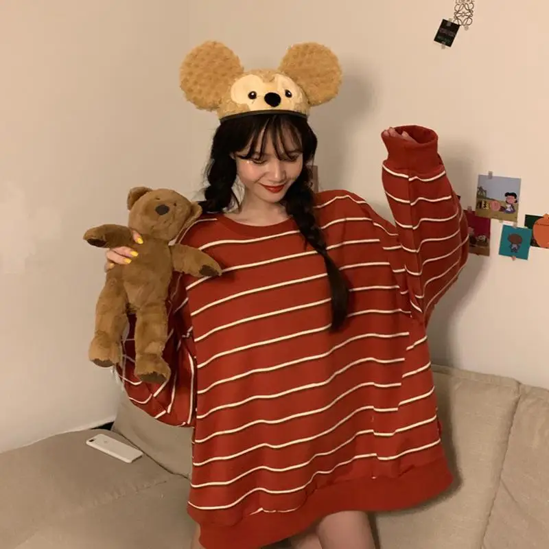 

MISSKY Lady Women Sweatshirt Streetwear Autumn Spring Stripe Sweatshirt Loose Casual Lazy Pullover Girlfriends Wear Female Tops