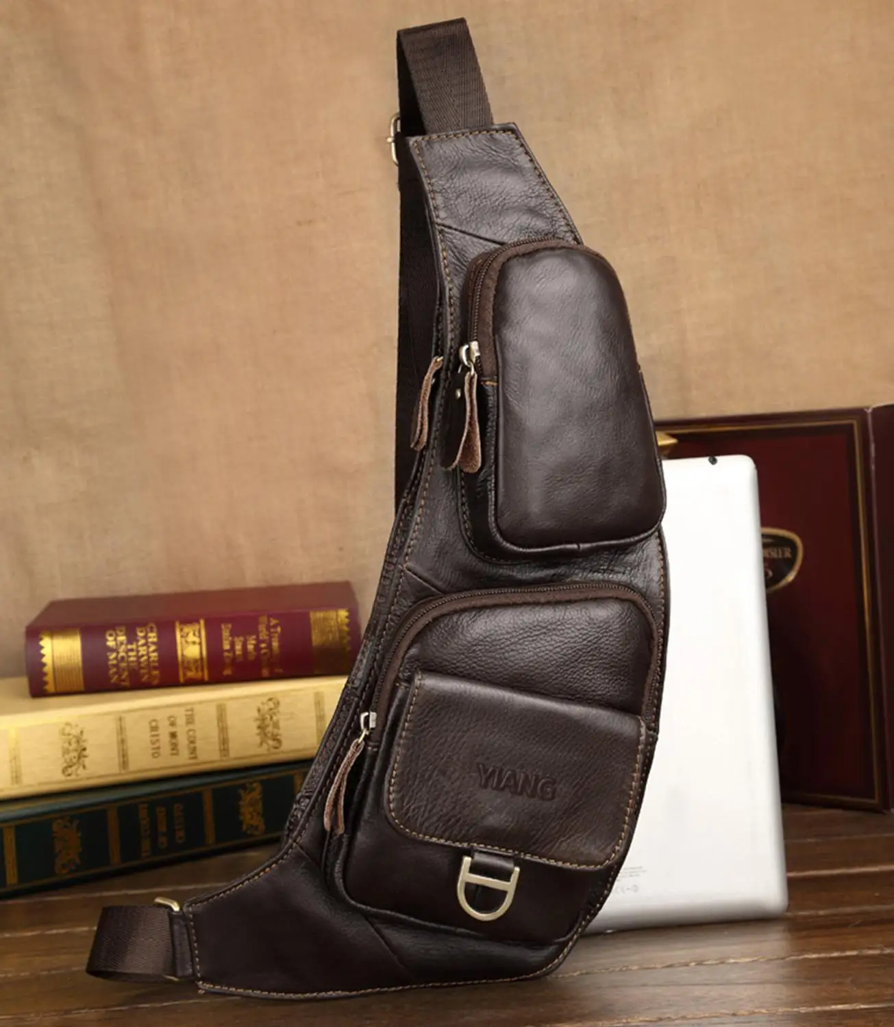 Мужские нагрудные сумки из натуральной кожи через плечо с несколькими карманами