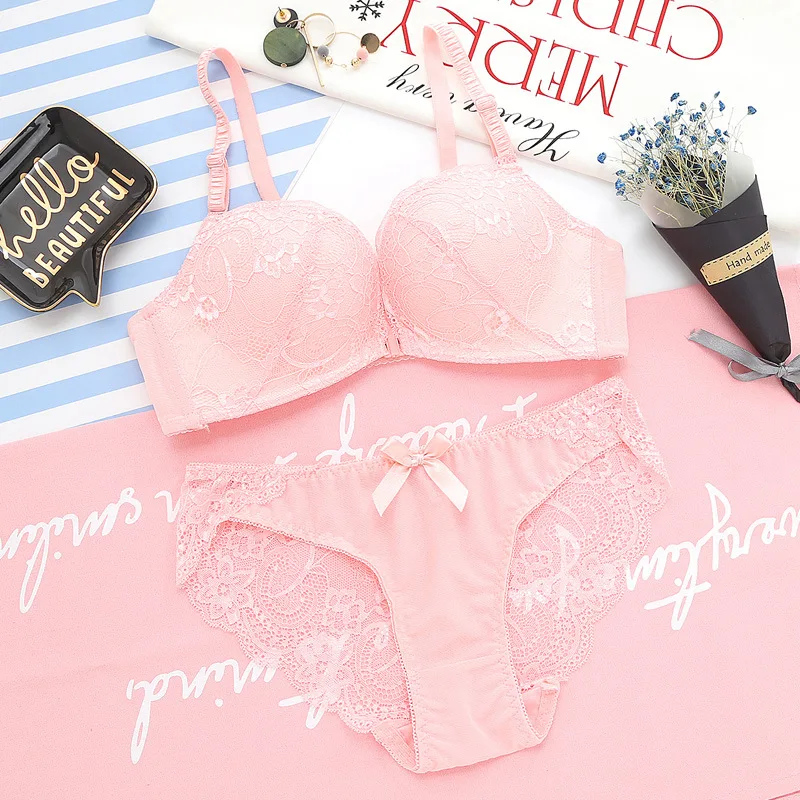 

Elovegirl Embroidered Underwear Sexy Underwear Lace Bra Set Comfortable Ladies Front Buckle Gather Soft Bra and Panty Set