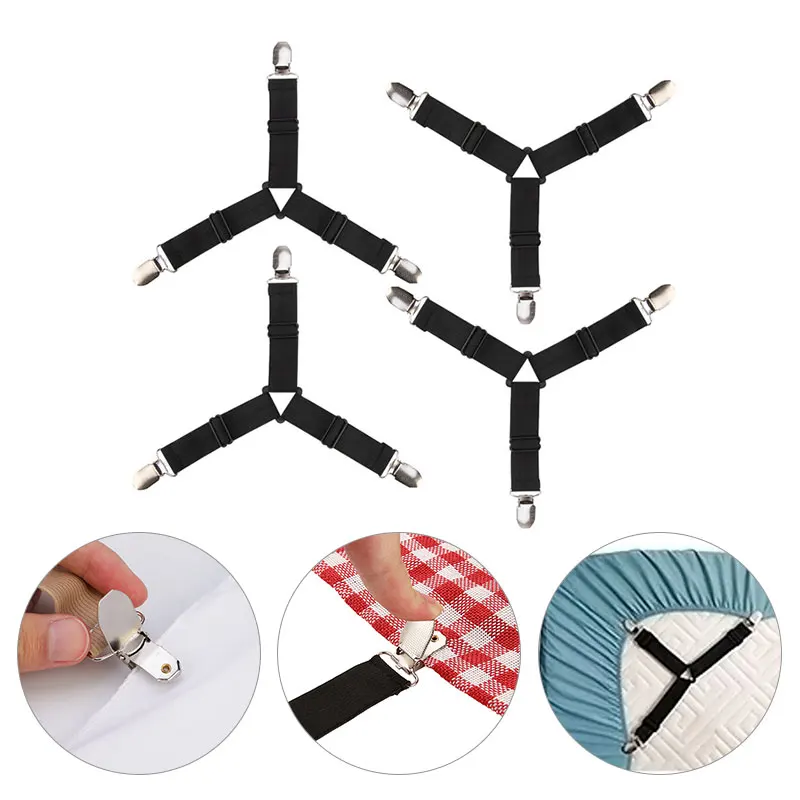 

Bed Sheets Grippers 4Pcs/Set Corner Holder 3 Clips Fastener Bed Sheet Clips Mattress Adjustable Elastic Straps Organize Gadgets