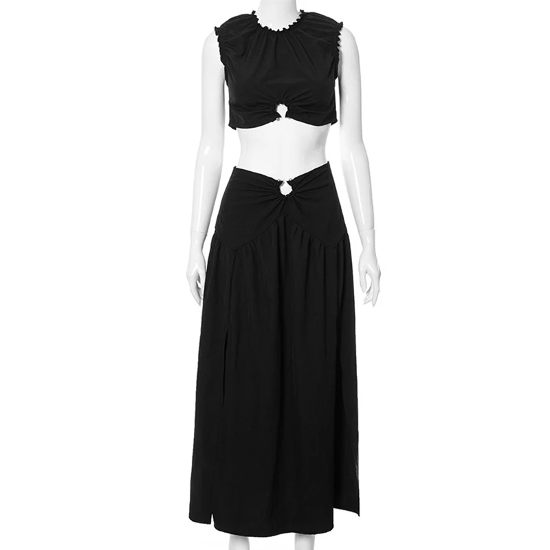 

Ruffles Sleeveless Women Skirt Set With Metal Ring Pleated Tshirt And High Waist Skirts Ladies Suit Summer Fashion Casual Sexy