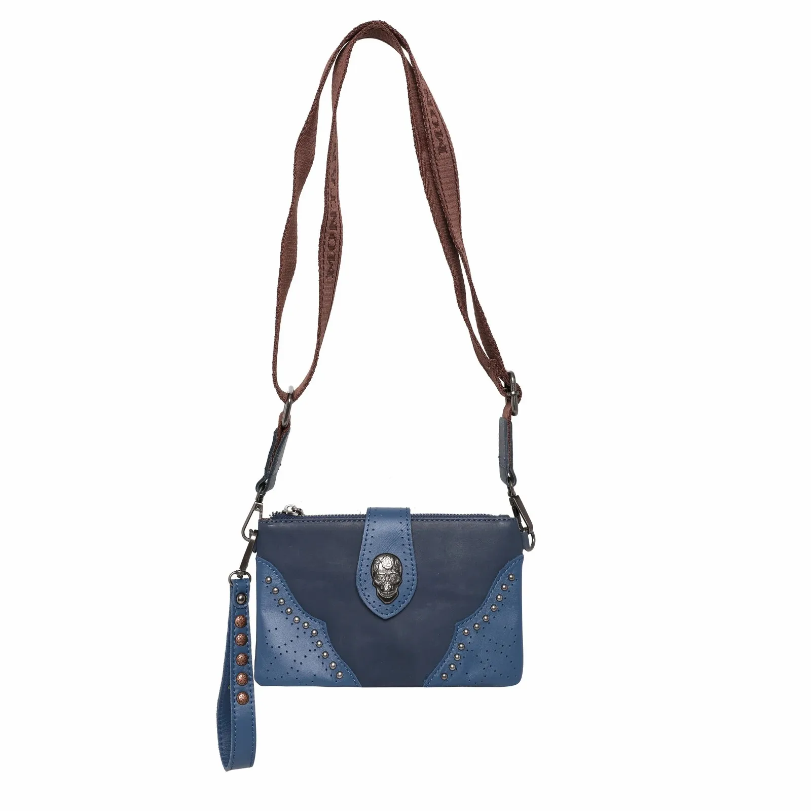

100% Genuine Leather Collection Crossbody/Wristlet Navy Retro Women's Bag