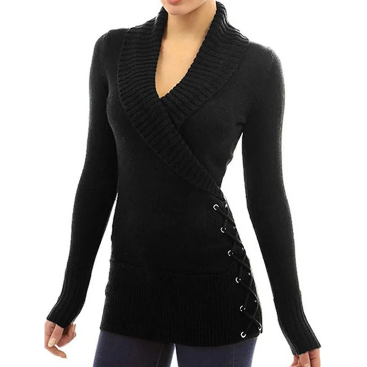 

Autumn Winter Euramerican Fashion Women Hot Deep V-Neck Long Knit Shirt Pullover for Women