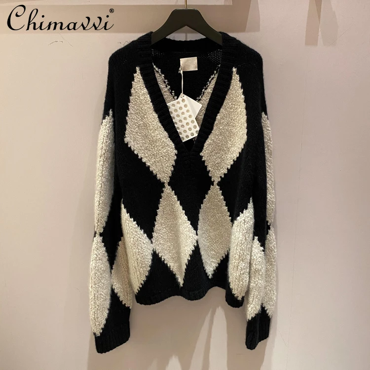 

2021 Autumn Winter Sweater New Fashion V-neck Long Sleeve Color Matching Rhombus Pullover Loose Simple Wool Sweater for Women