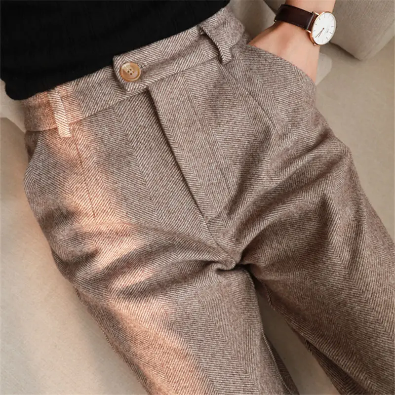 

Женские брюки-карандаш, шерстяные шаровары в елочку, для офиса, Осень-зима 2021, высокая талия Повседневный стиль
