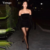 verngo black velvet short cocktail dress simple strapless mini sexy party prom dress with gloves women simple night club wear