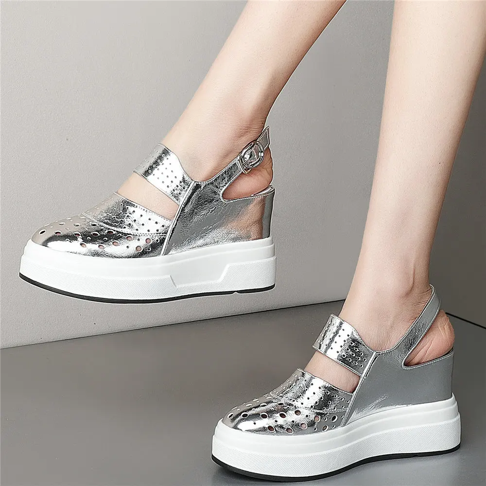 

Women Back Strap Genuine Leather Wedges High Heel Roman Gladiator Sandals Female Round Toe Platform Pumps Shoes Casual Shoes