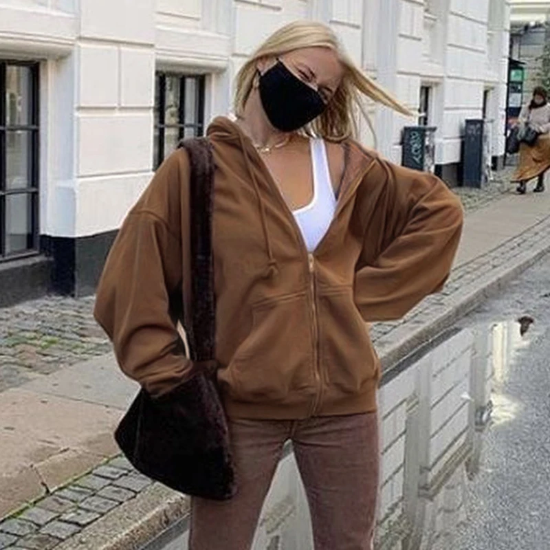 

Autumn Casual Oversized Sweat Jacket Women Fashion Brown Hooded Coat Ladies Zipper Loose Streetwear Overcoat Winter