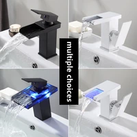 led luminous waterfall faucet temperature change colors brass bathroom basin mixer tap deck mounted wash sink glass black taps