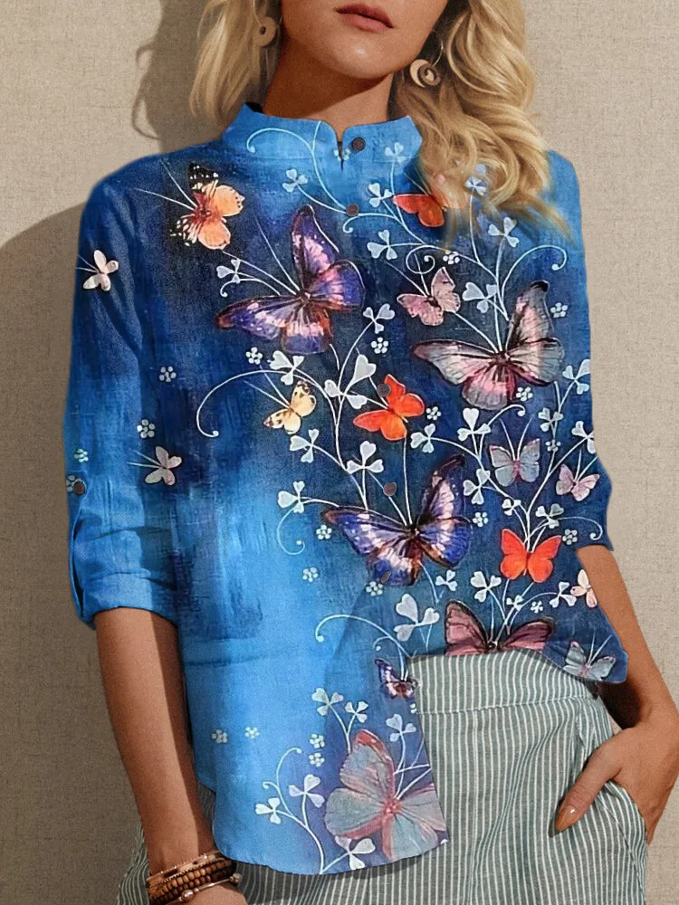 

Plus Size Spring Stand Collar Butterfly Print Women Blouses Autumn Casual Blue Color Long Sleeve Single-Breasted Loose Shirts