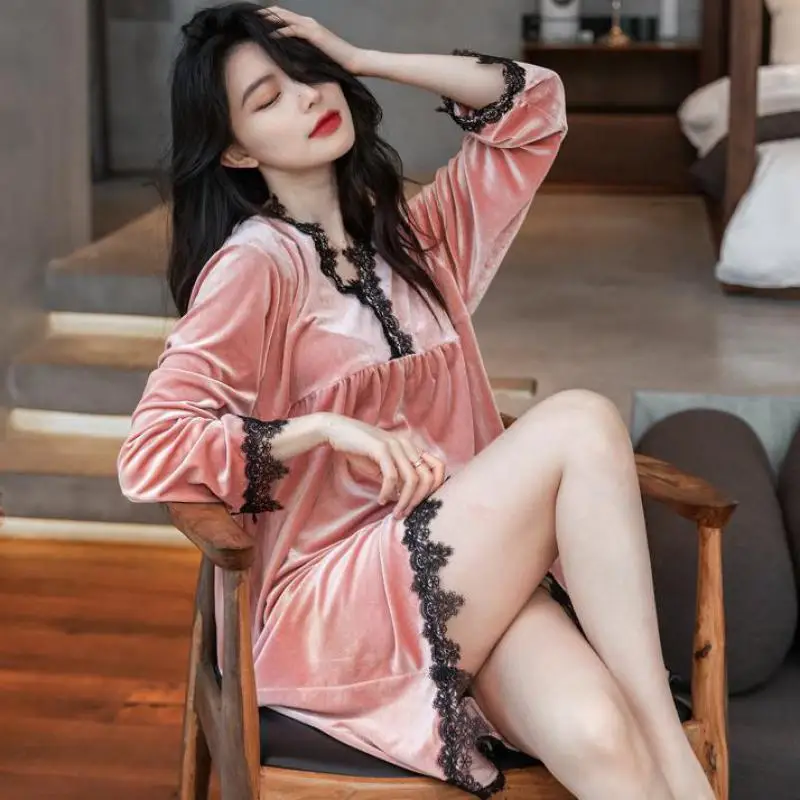 

Pink V-neck Nightgown Women Velvet Sleep Dress Autumn New Sleepwear Velour Nightdress Casual Loungewear Lace Trim Home Dress