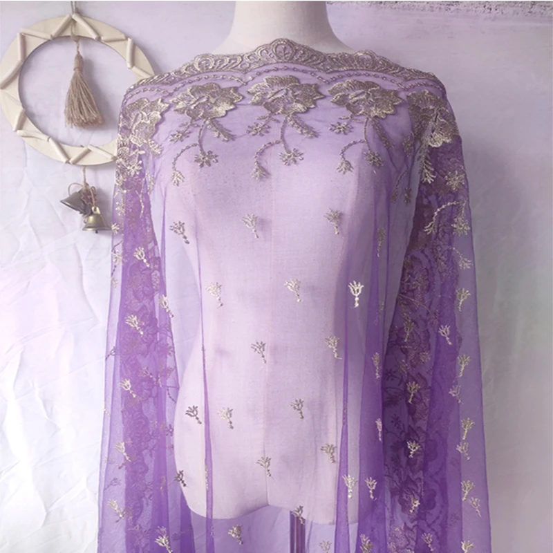 

European and American embroidery lace fabric black and white purple mesh gold silk embroidery dress clothing curtain fabric