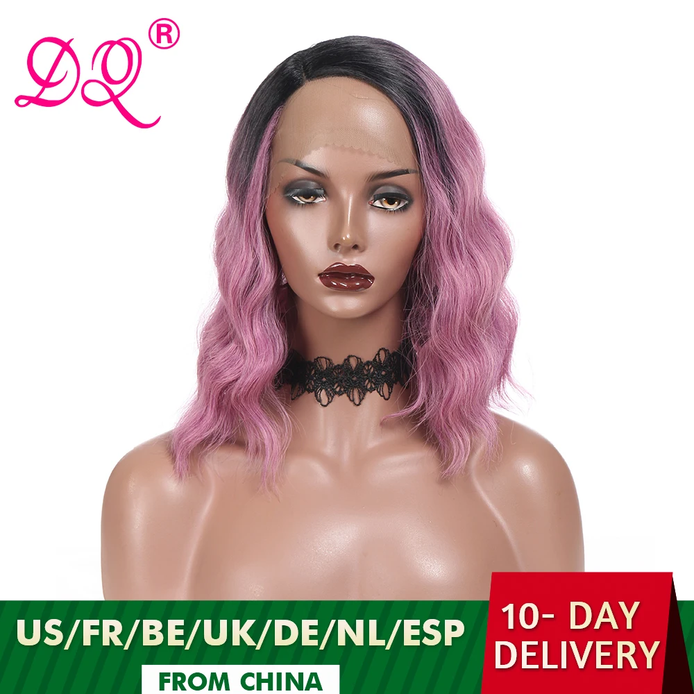 Synthetic Natural Wavy Lace Front Wig Short Cut Bob Wigs for Women Side Part Ombre Pink Color Hair with Black Roots Halloween