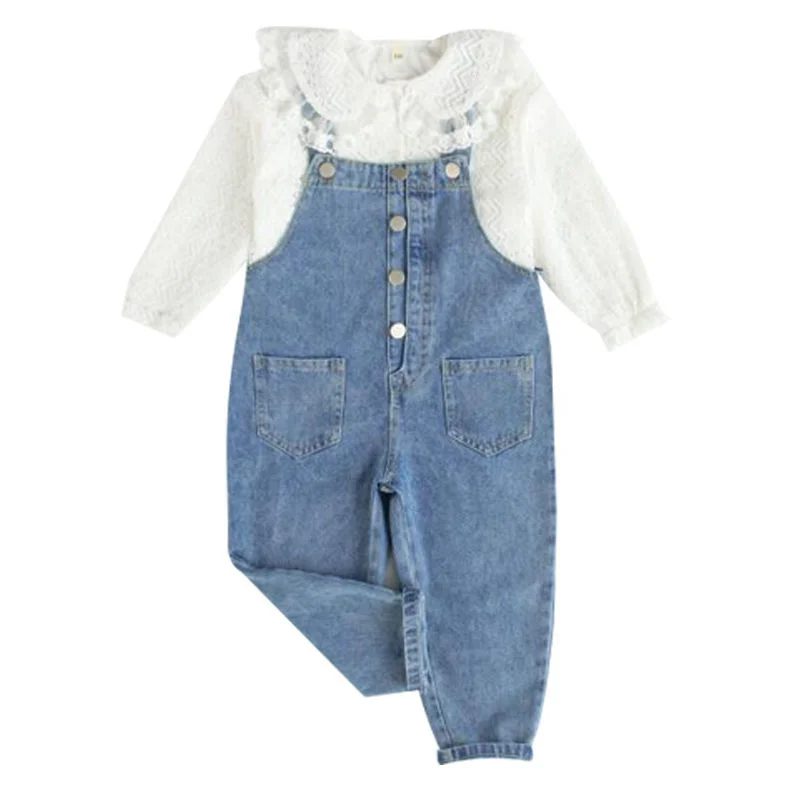 

2021 Summer Autumn New Girls' Two Piece Suit Korean Clothing Children's Jeans Baby Girl Clothes Long Sleeve Tunic Casual Pants