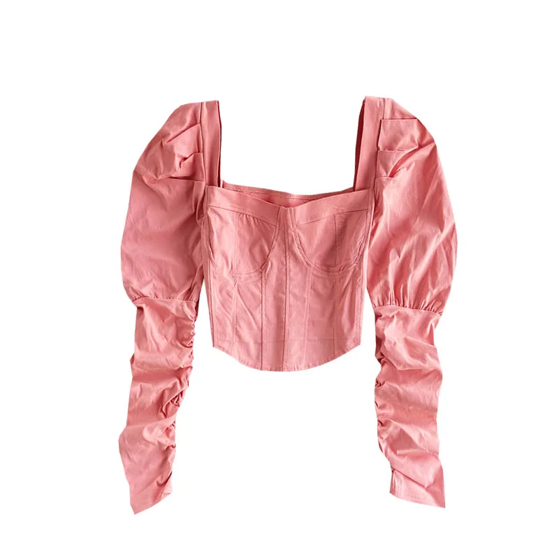 

Spring Autumn New Temperament Fashion Retro Puff Sleeve Top Feminine Clavicle Square Collar Slim Short Shirt UK940