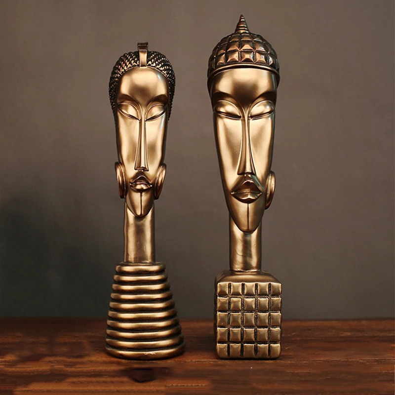 

Vintage African Man Woman Statues Resin Abstract Sculpture Copper Character Figurines Christmas Gift Home Decoration Accessories