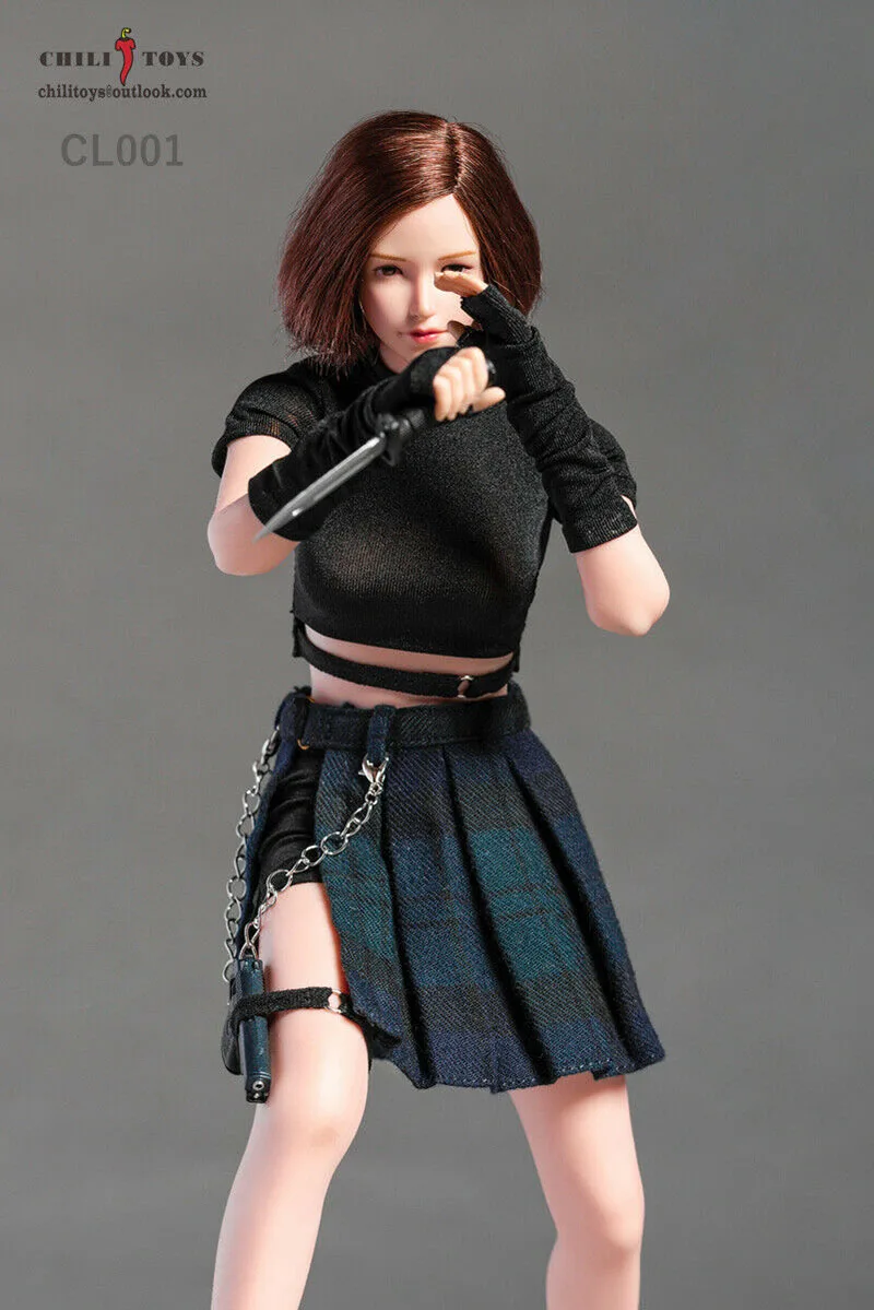 

In Stock 1/6 Sexy Female Black Short Sleeves Top Pleated Plaid Skirt Shorts Clothes Belt Chain Accessory Model for 12'' Body