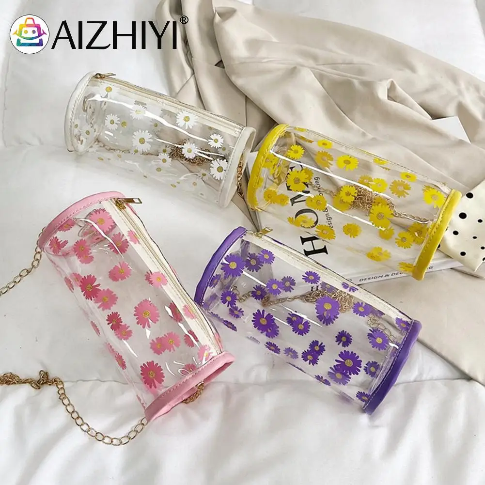 

Retro Women Bags Luxurious Chains Messenger Bag Daisy Cylinder Clear Crossbody Bag Casual Chain Small Shoulder Bags