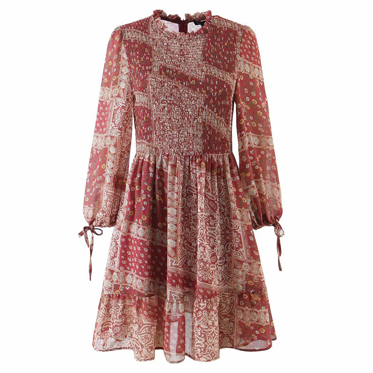 

Jastie 2021 Bohemian Women Dresses O-Neck Stitching Floral Print Bow Cuff Long Sleeve Mini Dress Casual Beach Party Ladies Dress