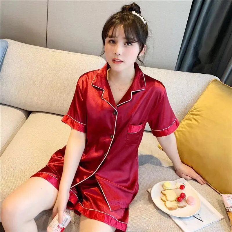 

Two-Piece Summer Ice Silk Women's Pajamas Set Short-Sleeved Tops+Shorts Cardigan Sexy Thin Sleepwear For Women