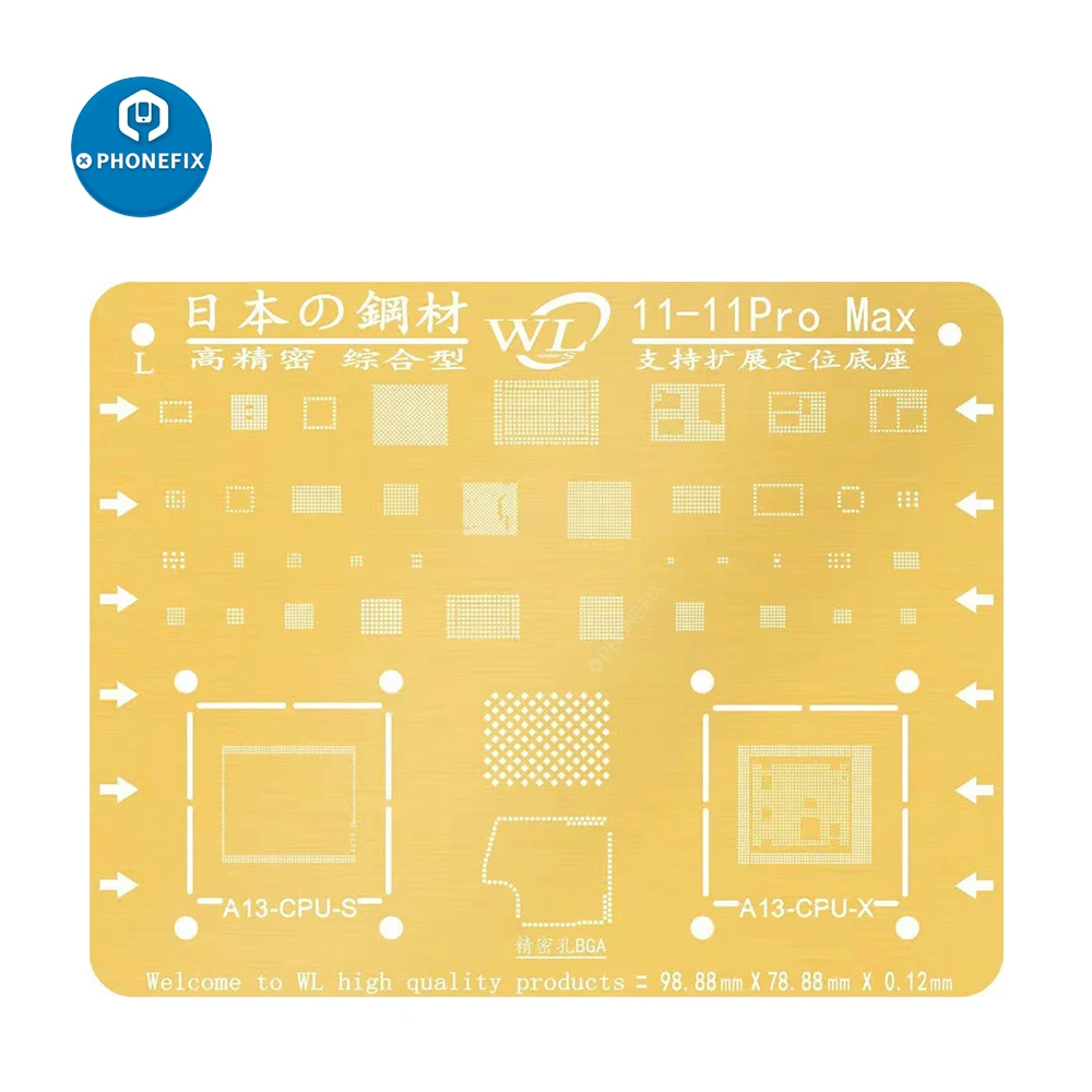 

WL нано Золотой трафарет для реболлинга BGA 0,12 мм Оловянная Сетка шаблон для пайки для IPhone 12 13pro Max 11pro XS MAX XR X 8 7P ремонт процессора IC