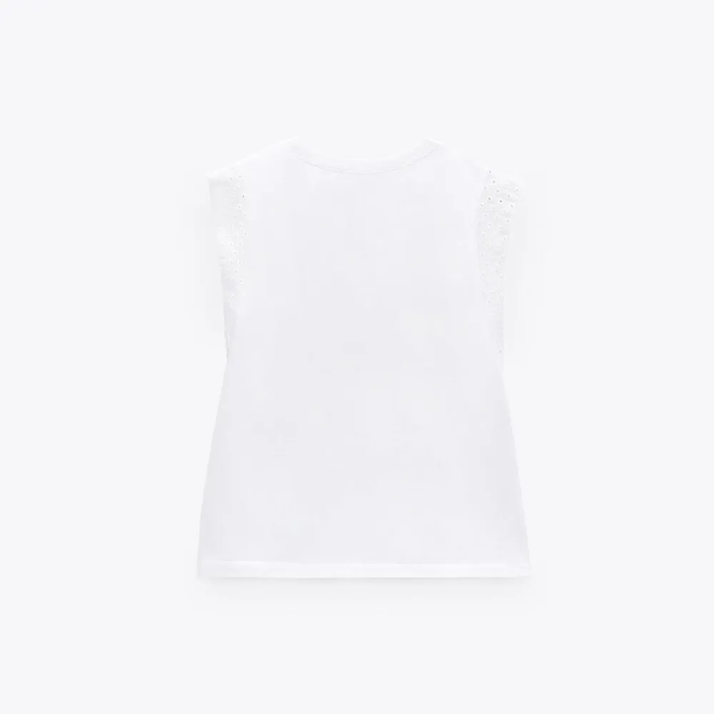

2021 ZA summer new fashion loose hollow embroidered decorative Girls' Printed T-shirt for women RA 5644096 5644/096