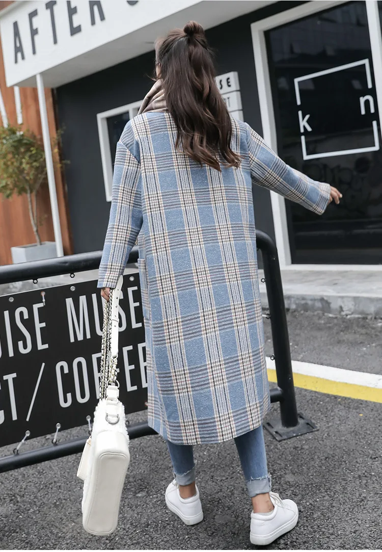 Синяя Клетчатая верхняя одежда длинное пальто с карманами в консервативном