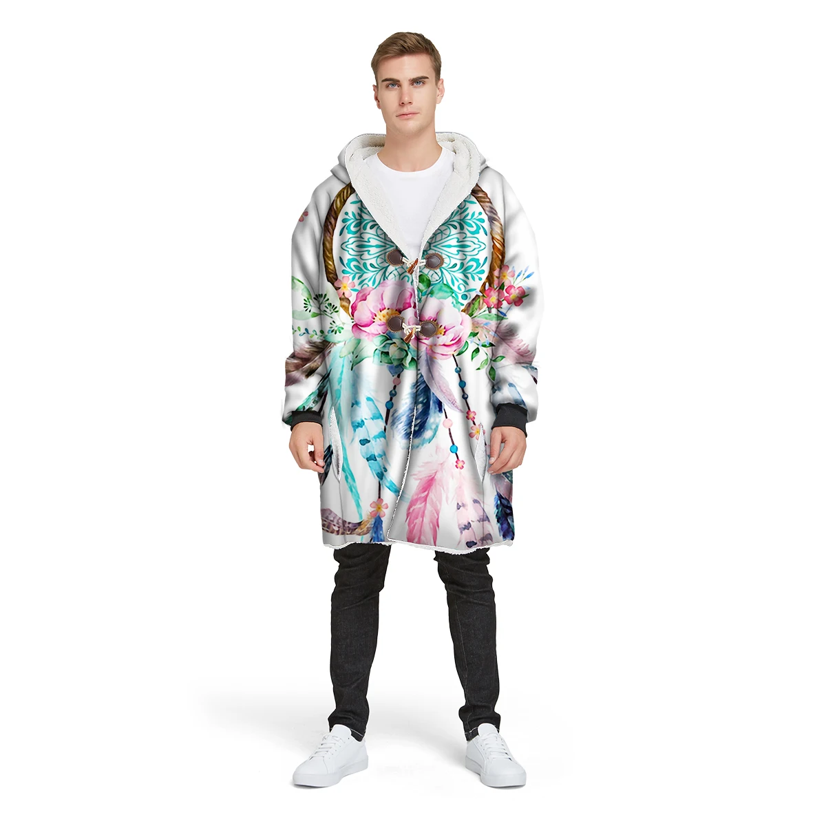 new brand 3D print custom design man's Sherpa coat loose long winter plus velvet jacket polyester hooded warm CL30
