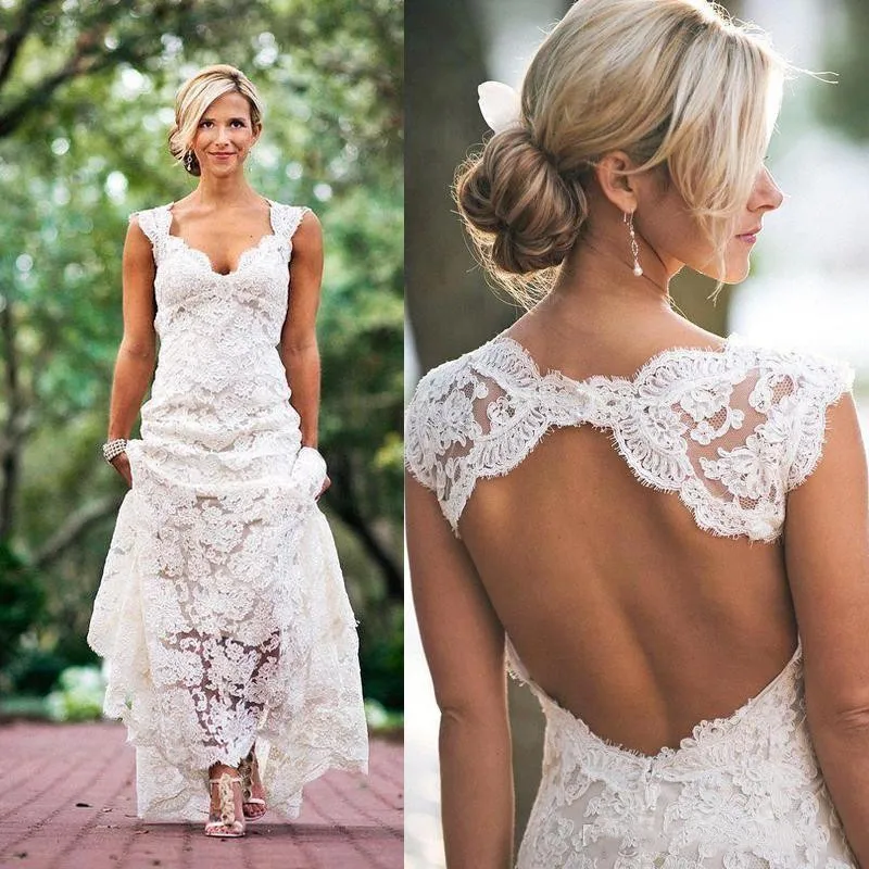 

Elegant Country Style Lace Mermaid Wedding Dresses Appliqued V-Neck Backless Long Bridal Gowns Boho Beach Bride Mariage Dress